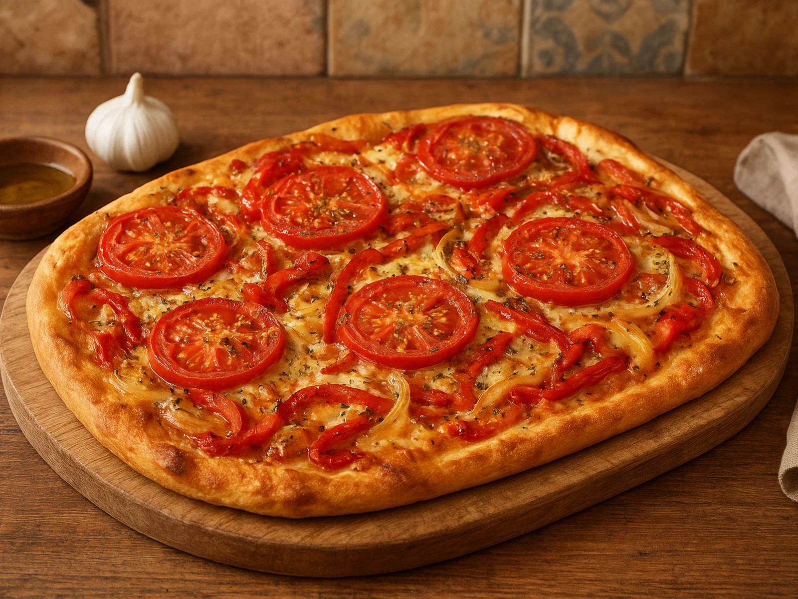 Spanische Coca mit Tomaten, Paprika und Käse
