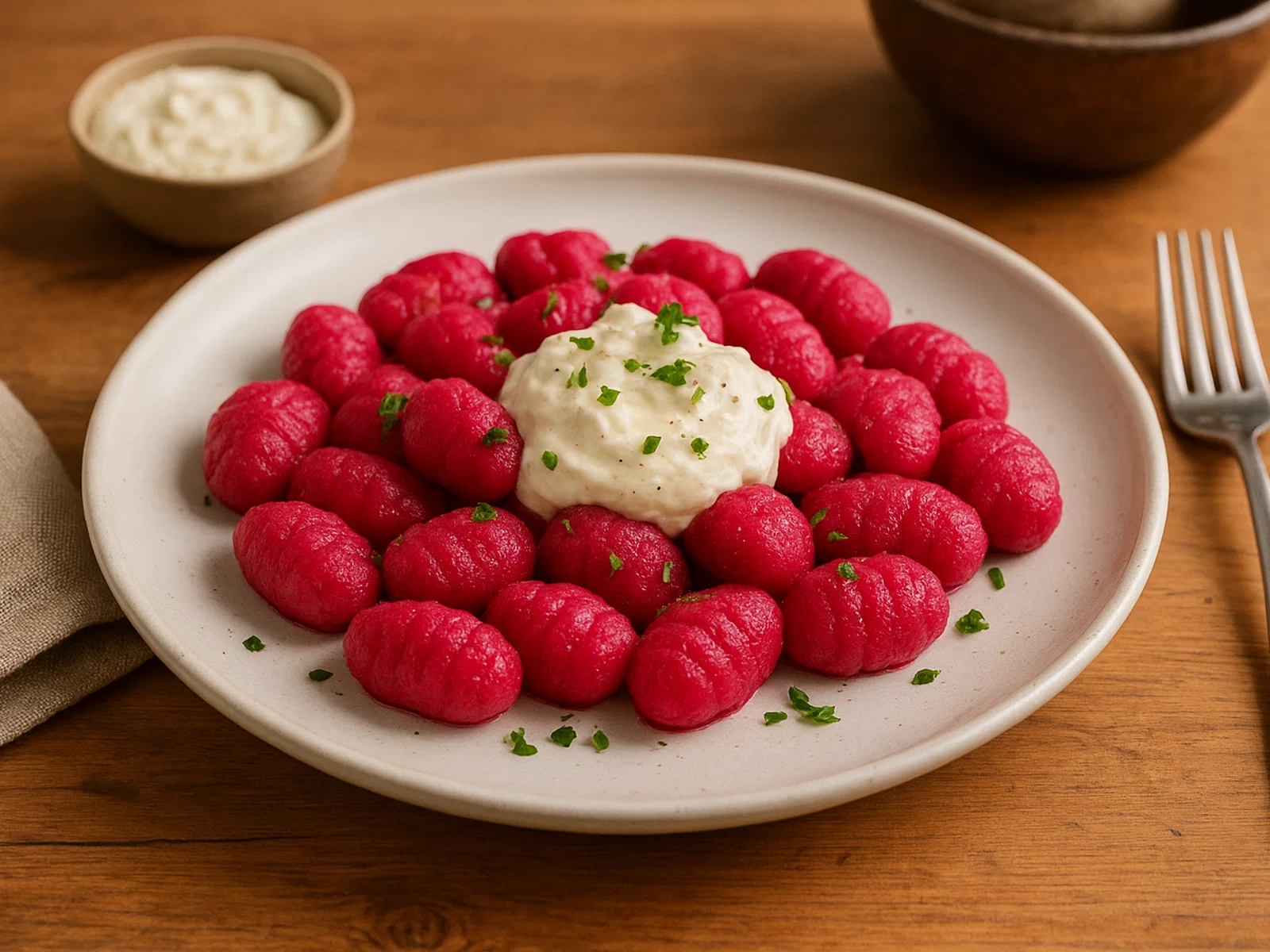 Rote-Bete-Gnocchi mit Meerrettich-Creme