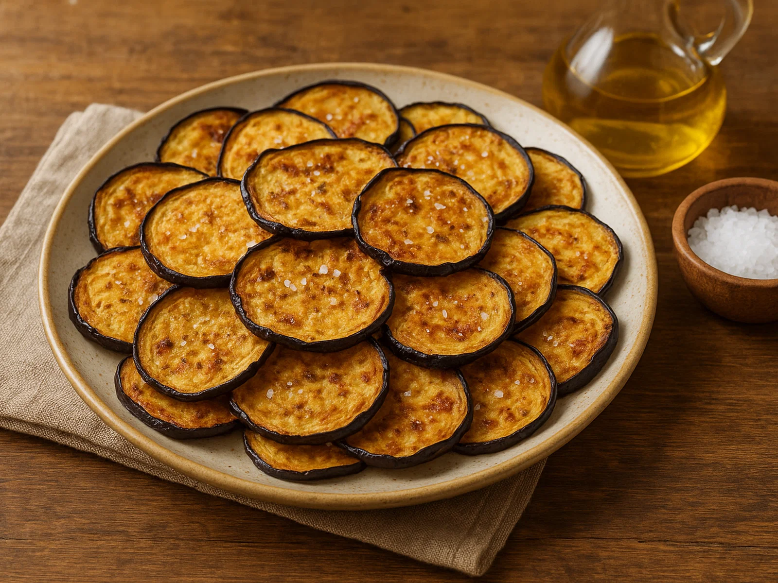 Auberginen-Chips mit Meersalz aus dem Ofen