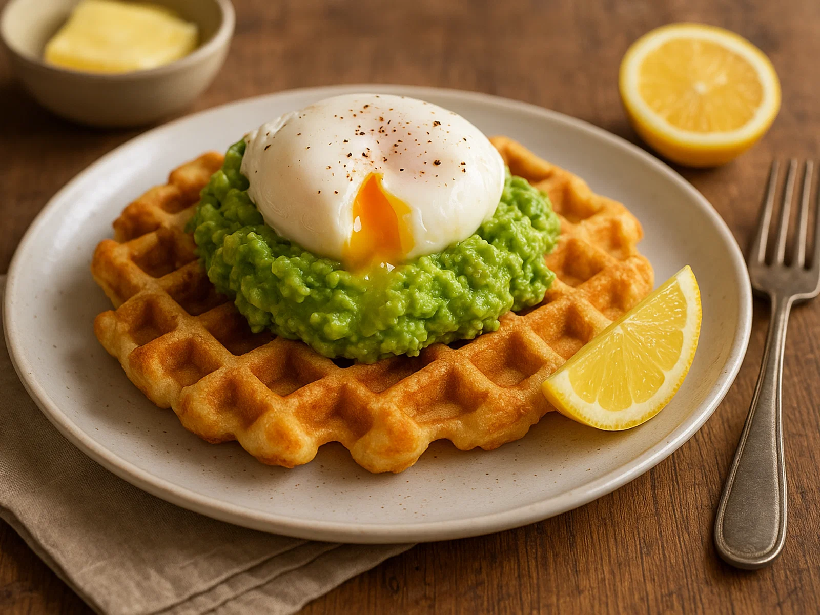 Herzhafte Buttermilchwaffeln mit Avocado und pochiertem Ei