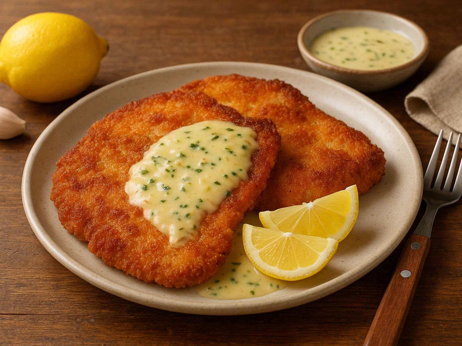 Zitronen-Knoblauch-Schweineschnitzel mit knuspriger Panade