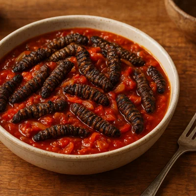 Mopane-Würmer in Tomaten-Chili-Sauce