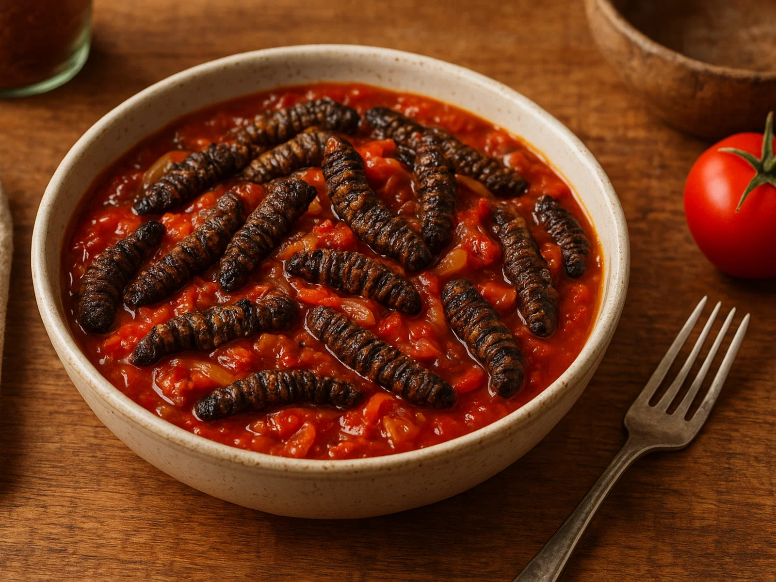 Mopane-Würmer in Tomaten-Chili-Sauce