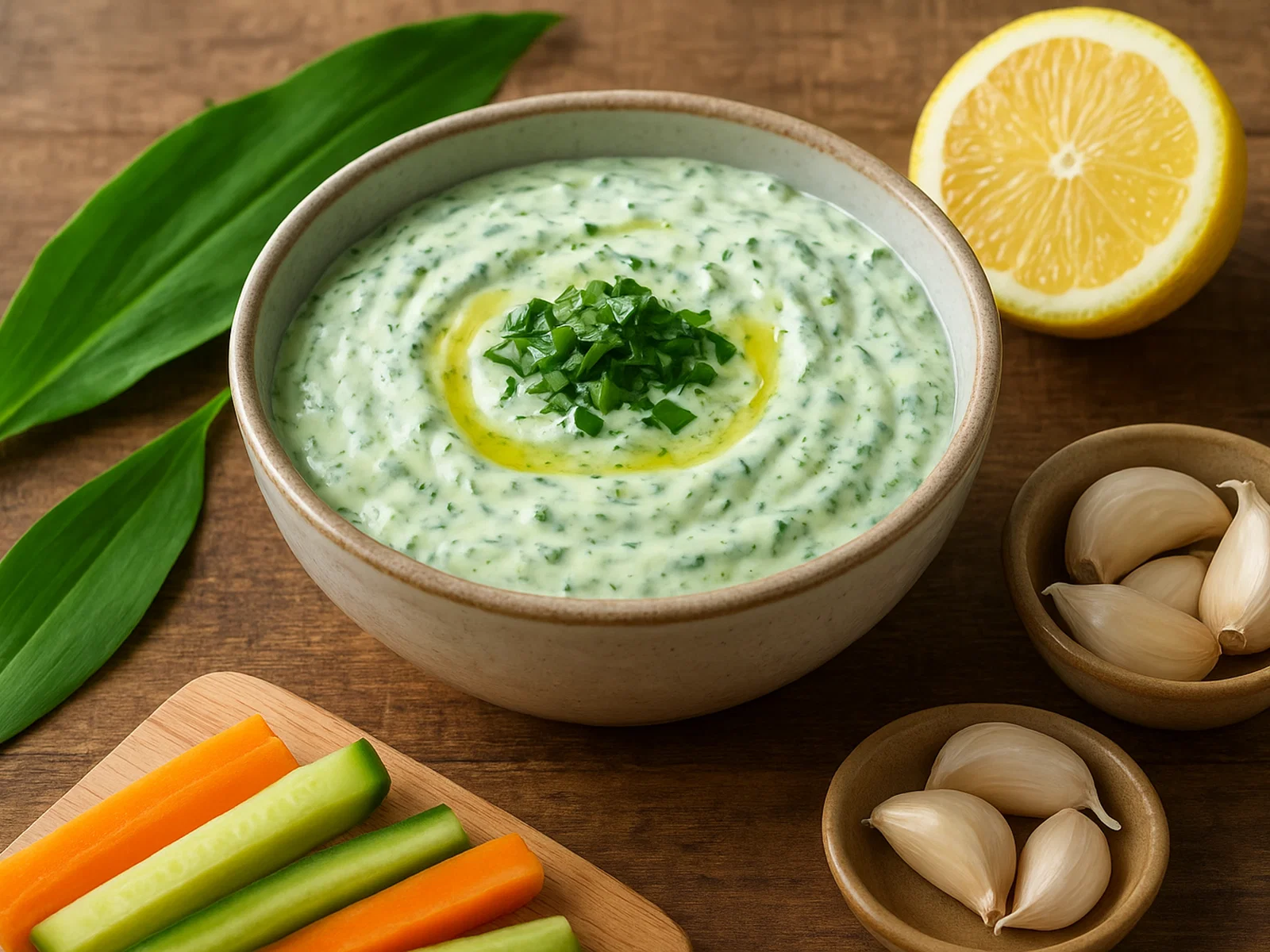 Cremiger Bärlauch-Dip mit Joghurt und Zitrone
