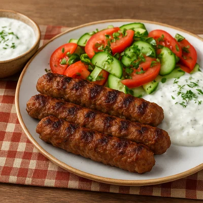 Kebapche vom Grill mit Joghurtsauce und Salat