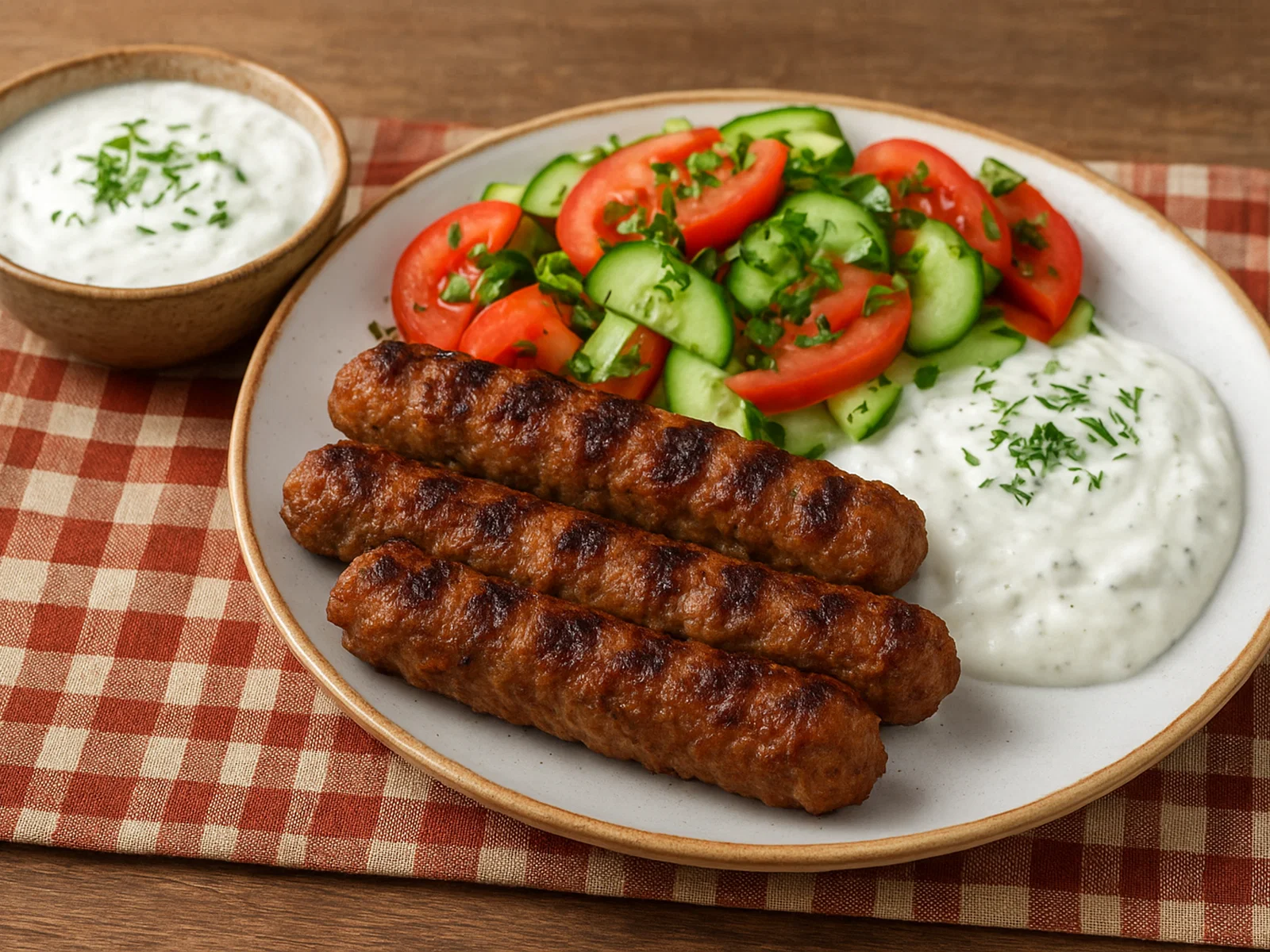 Kebapche vom Grill mit Joghurtsauce und Salat