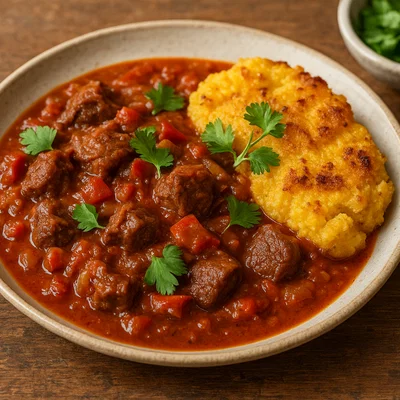 Mokoenya – südafrikanischer Rindfleischeintopf mit gebratenem Maisbrei