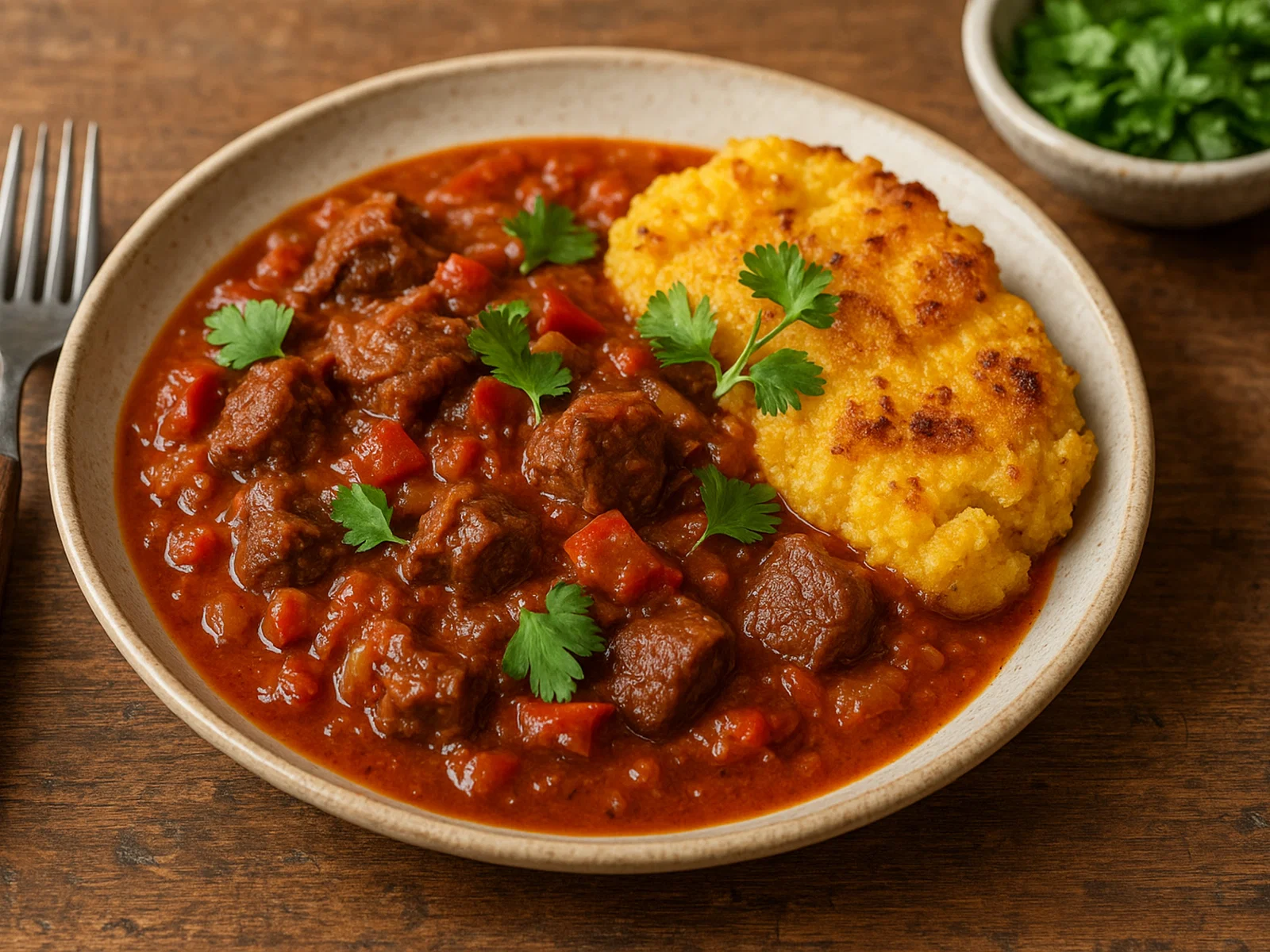 Mokoenya – südafrikanischer Rindfleischeintopf mit gebratenem Maisbrei