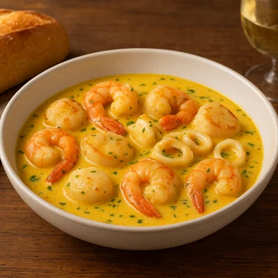 Kaisentemoefo – Meeresfrüchte in aromatischer Safran-Weißwein-Sauce