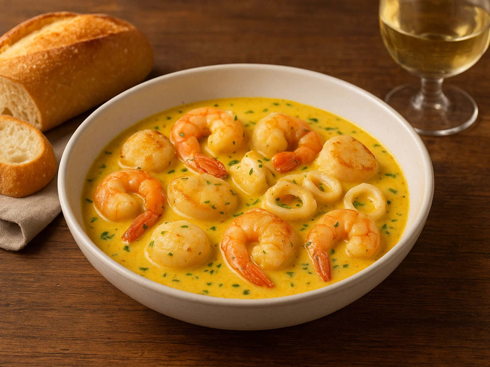 Kaisentemoefo – Meeresfrüchte in aromatischer Safran-Weißwein-Sauce