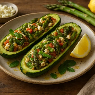 Gefüllte Zucchini mit grünem Spargel und Feta