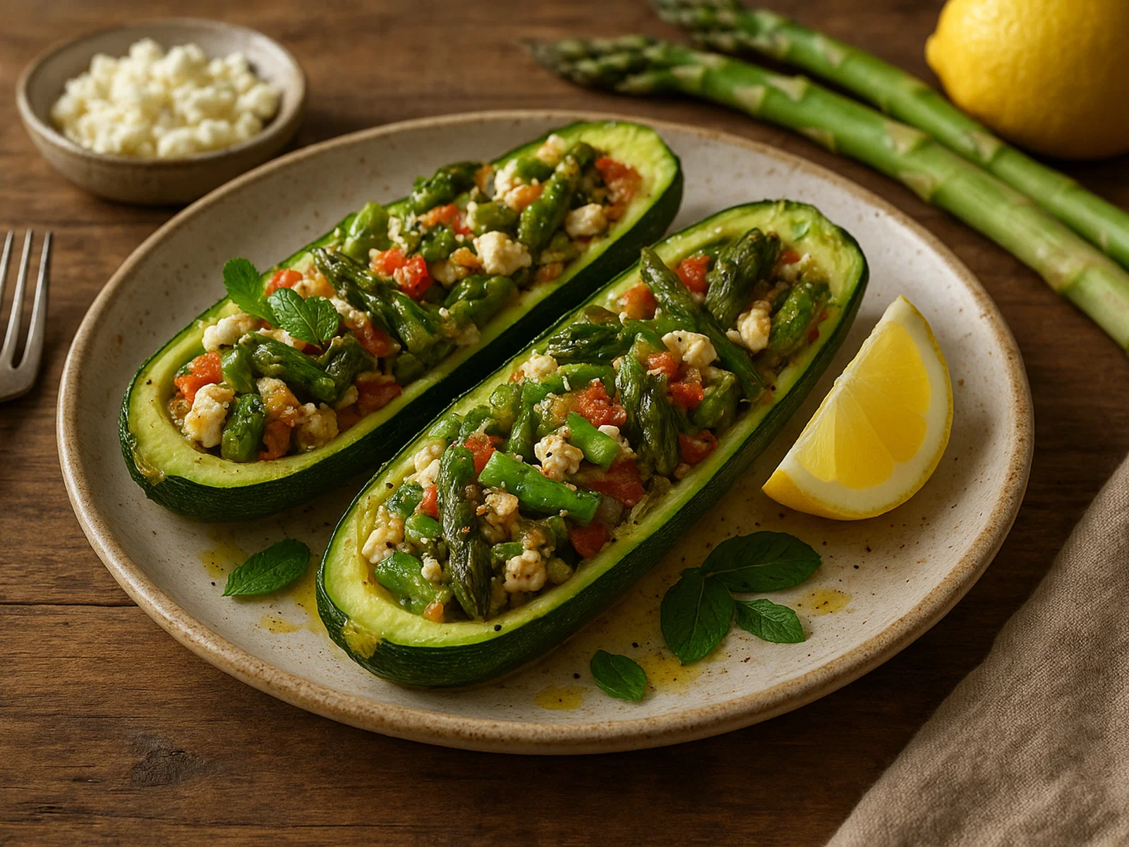 Gefüllte Zucchini mit grünem Spargel und Feta