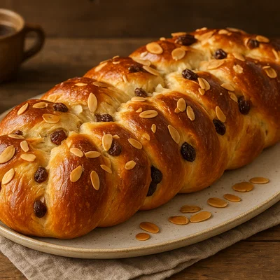 Süßer Hefezopf mit Rosinen und Mandeln