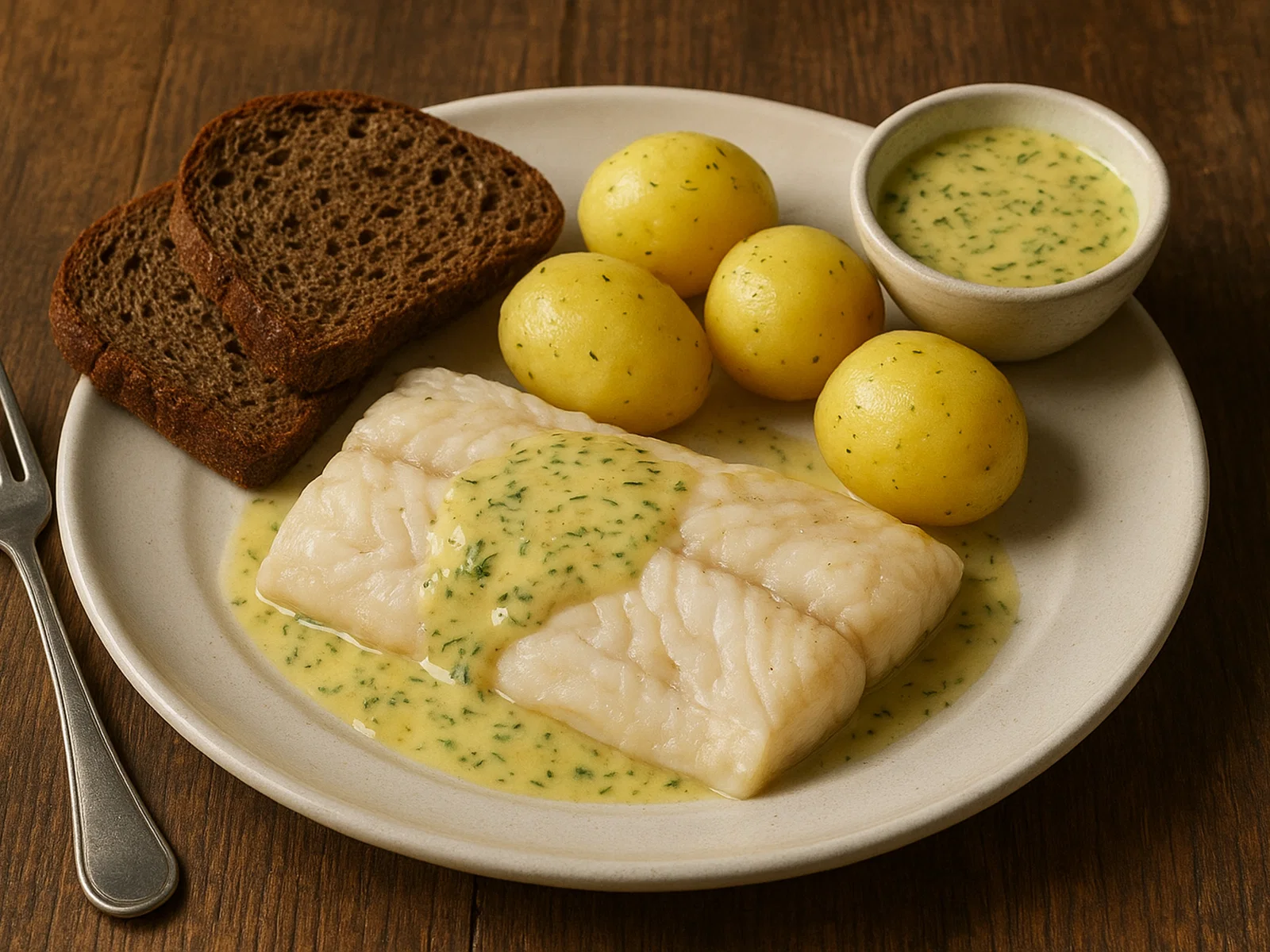 Isländischer Fisch mit Kartoffeln und Roggenbrot (Fiskur við eplum og rugbreyði)