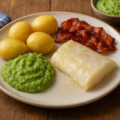 Norwegischer Lutefisk mit Kartoffeln, Erbsenpüree und Speck