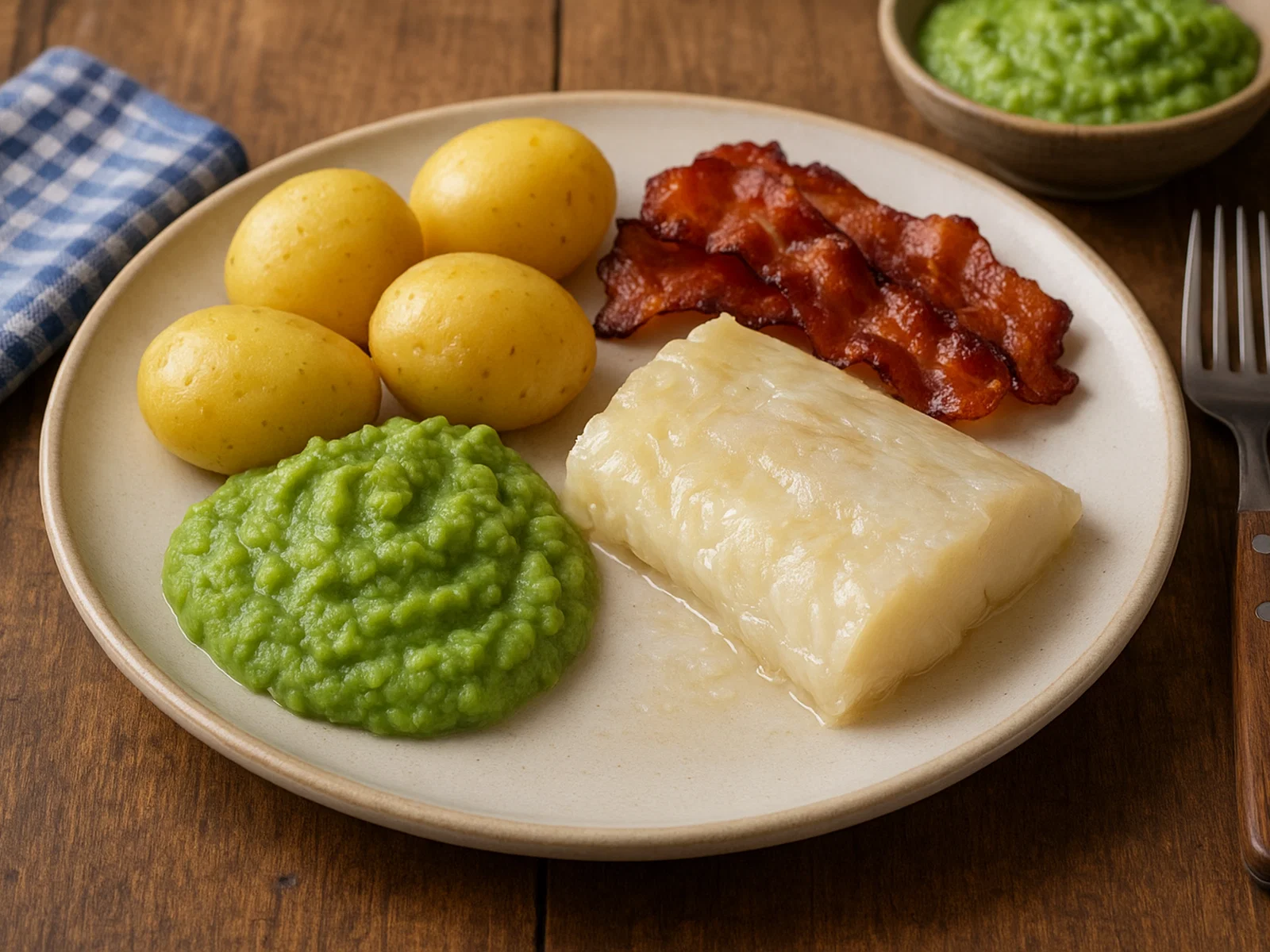Norwegischer Lutefisk mit Kartoffeln, Erbsenpüree und Speck