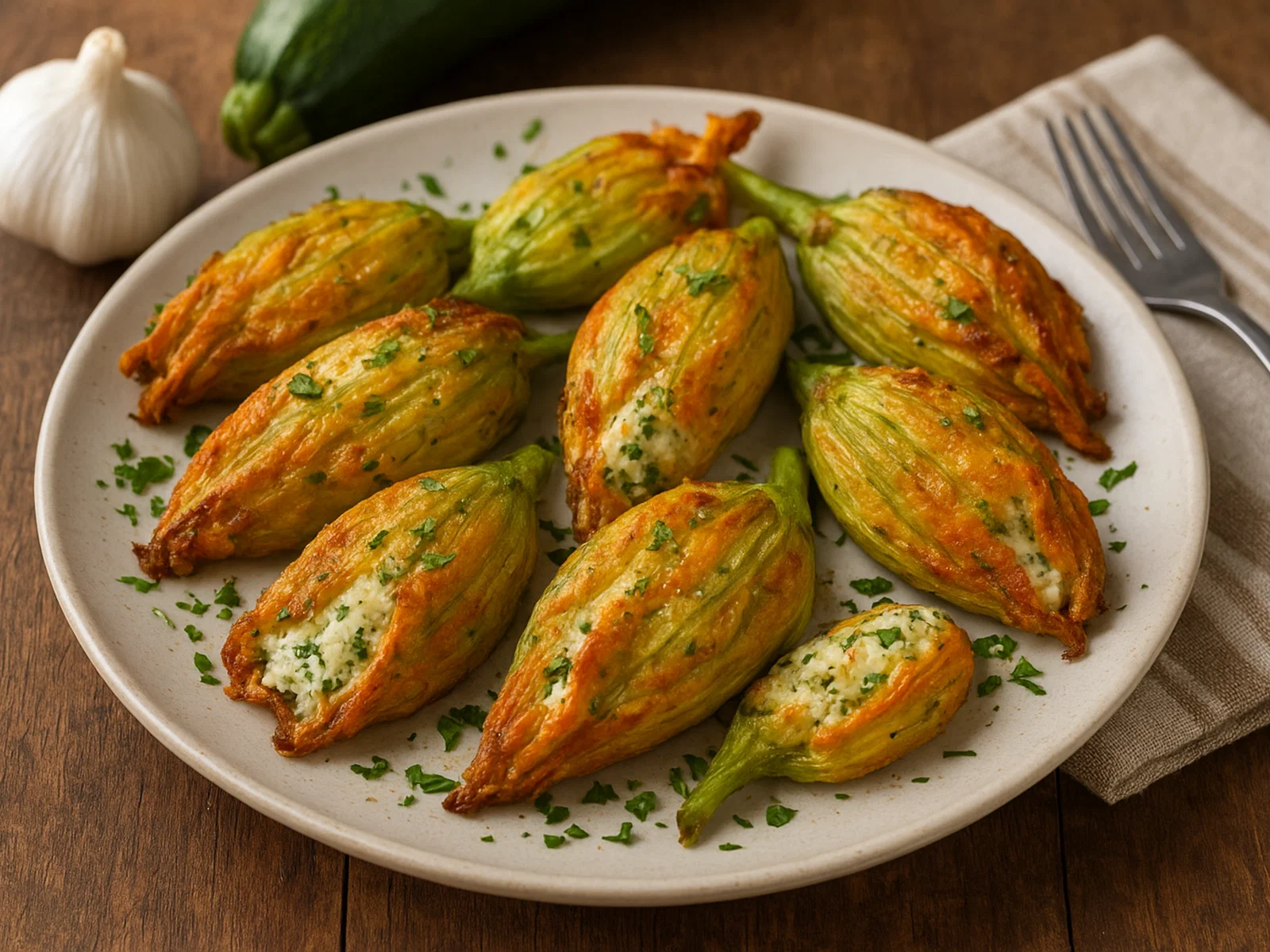 Gebackene gefüllte Zucchiniblüten mit Ricotta und Kräutern