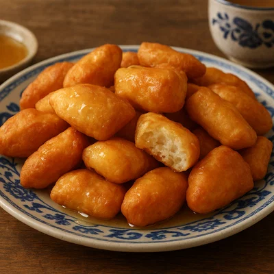 Mongolische Boortsog (frittierte Teigstücke mit Honig und Butter)