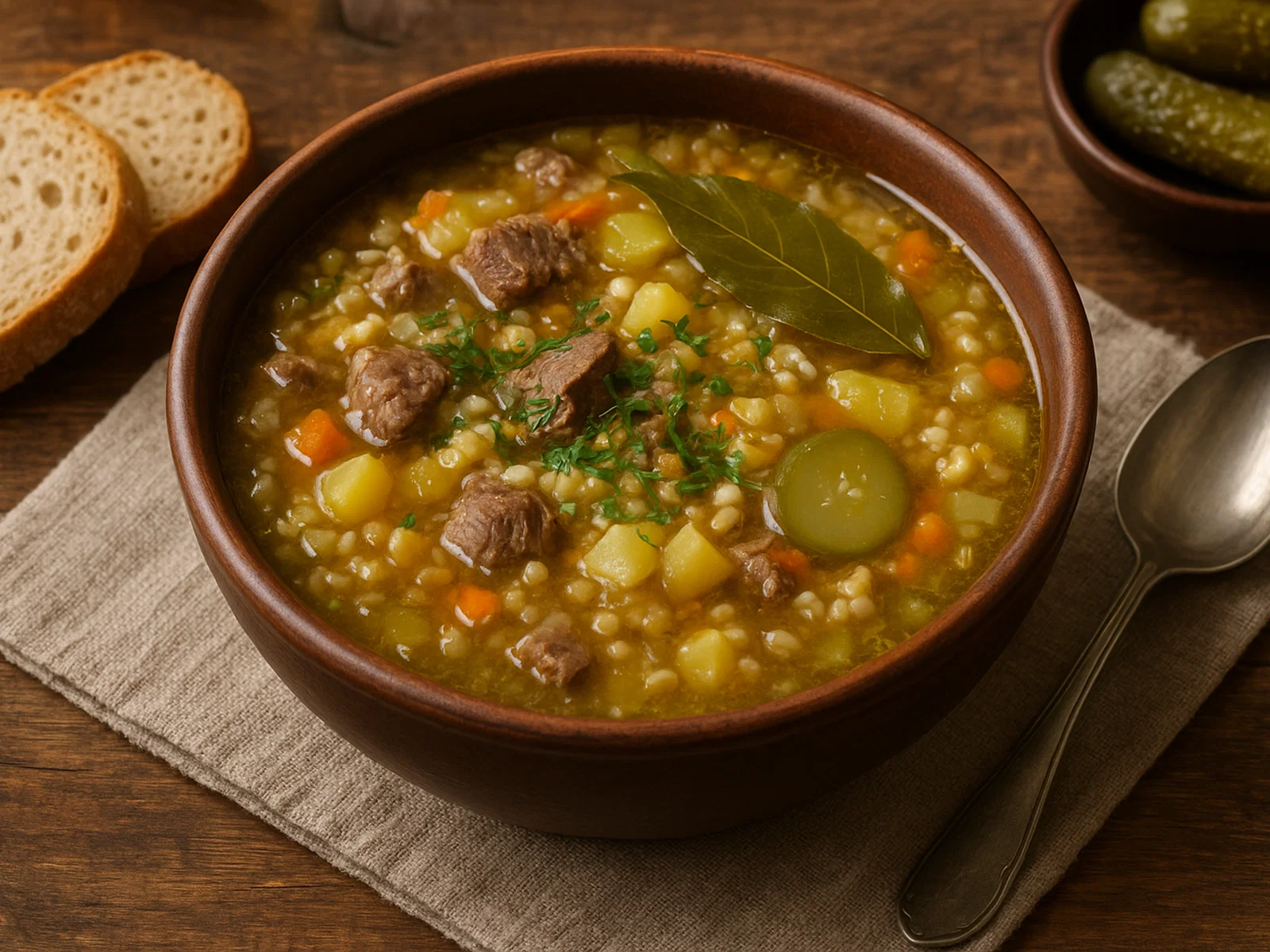 Rassolnik – Russische Gurken-Gerstensuppe
