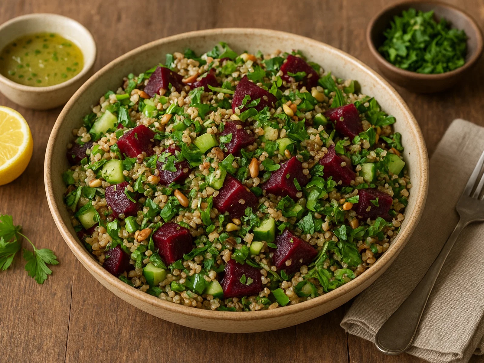 Quinoa-Rote-Bete-Salat mit Zitronen-Knoblauch-Dressing