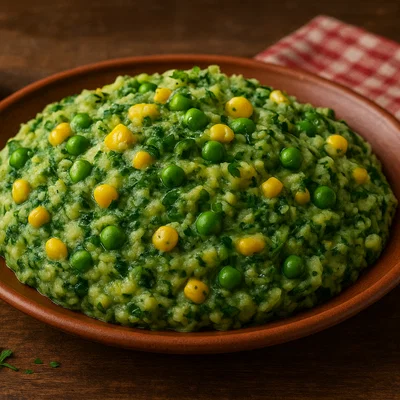 Kenianisches Irio (Kartoffel-Erbsen-Mais-Püree mit Spinat)