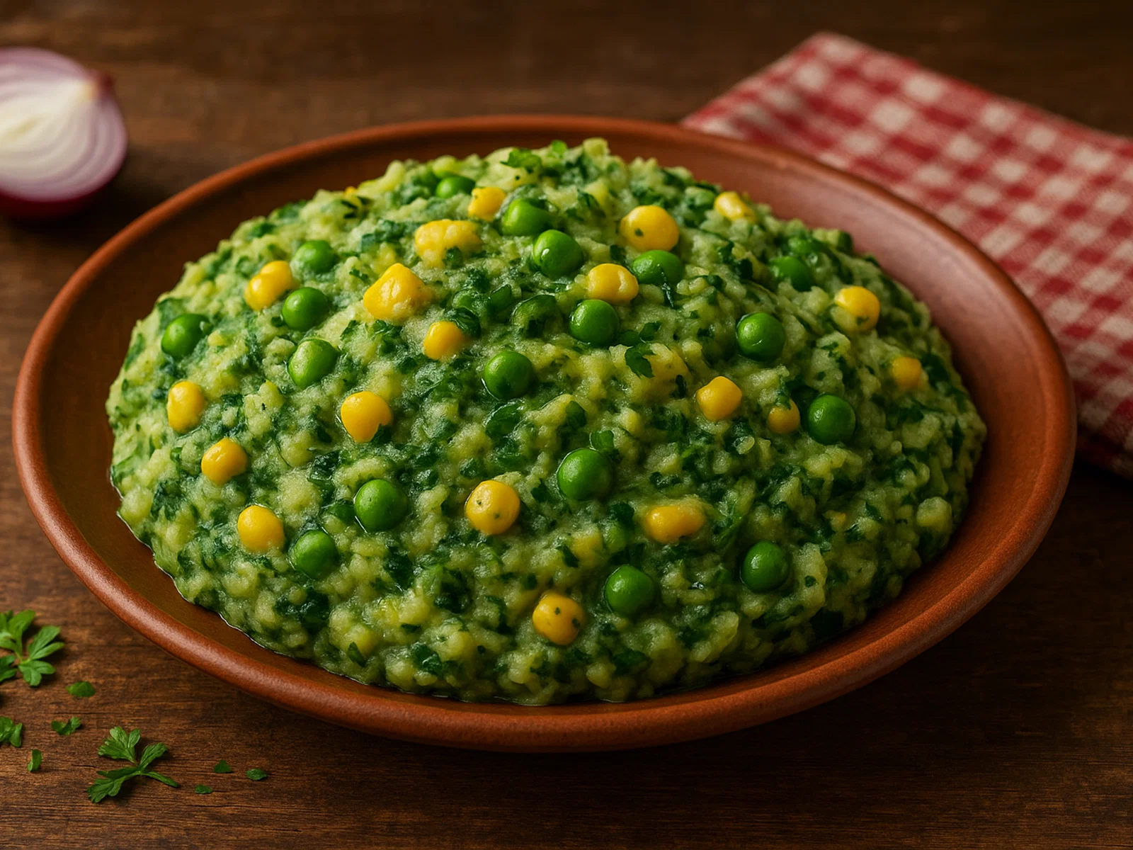 Kenianisches Irio (Kartoffel-Erbsen-Mais-Püree mit Spinat)