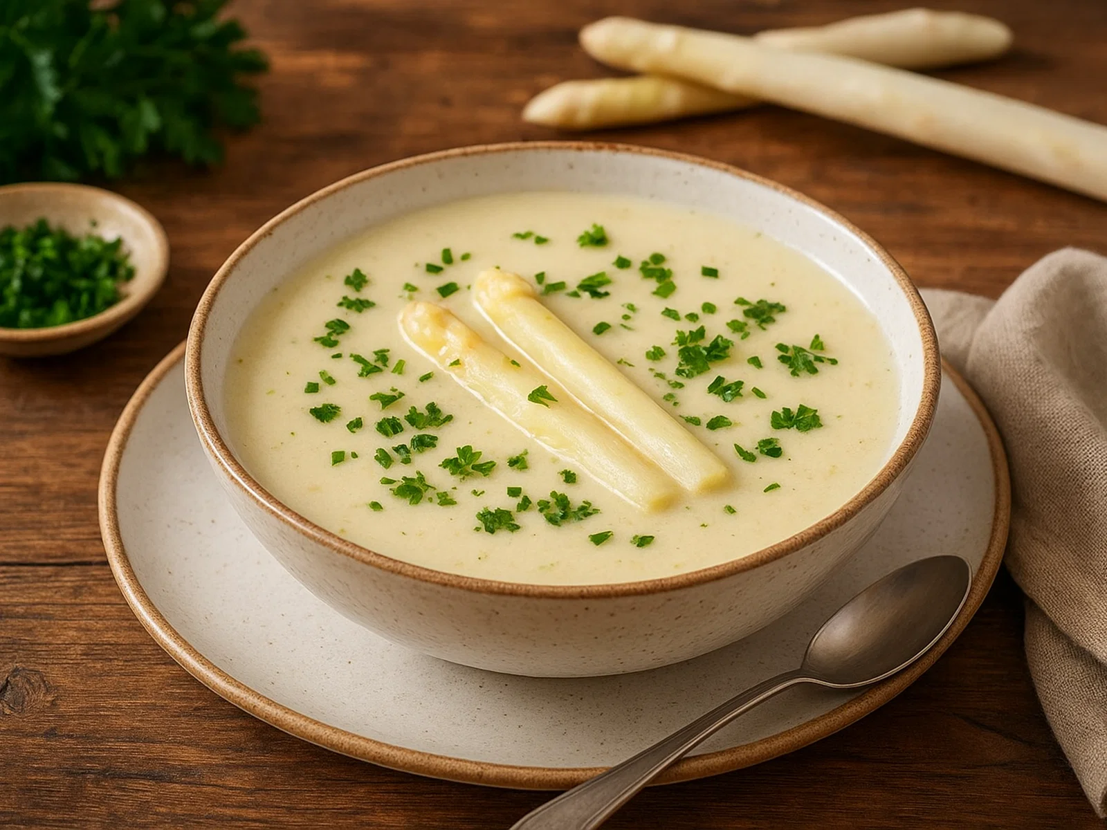 Spargelcremesuppe mit frischen Kräutern
