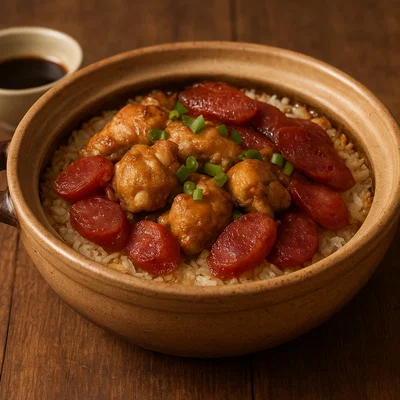 Claypot Reis mit Huhn und chinesischer Wurst