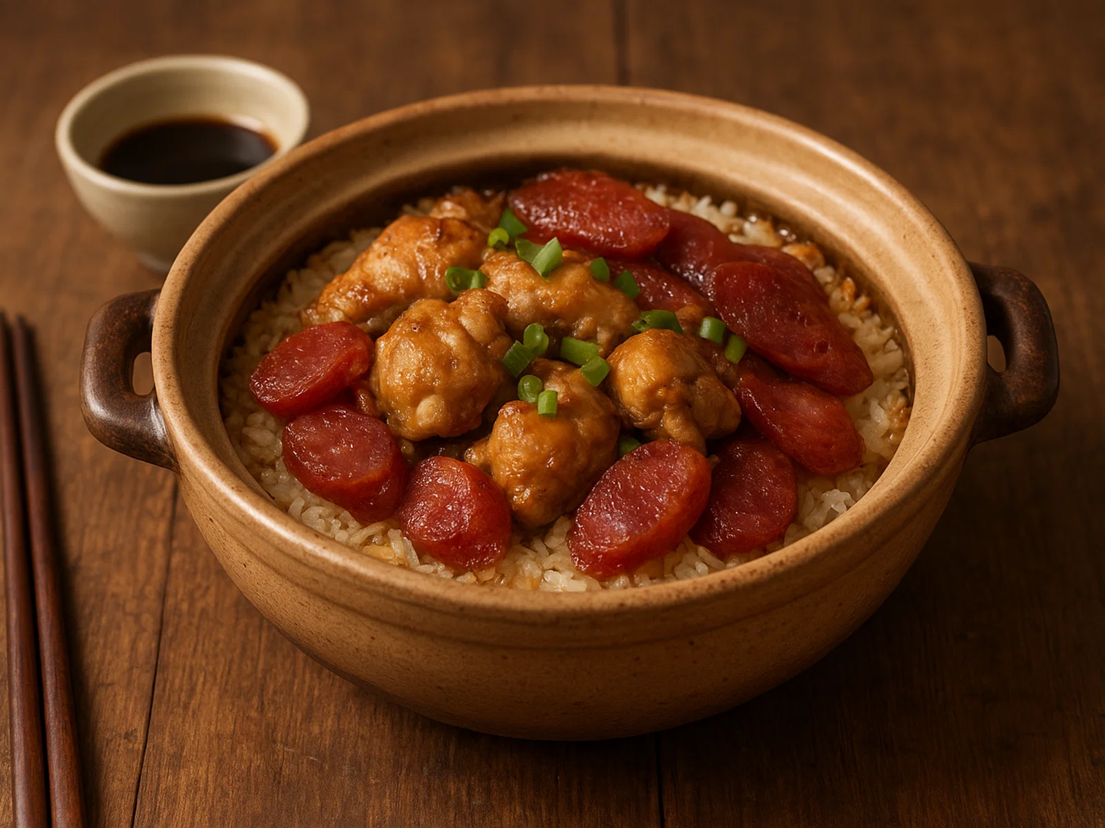 Claypot Reis mit Huhn und chinesischer Wurst