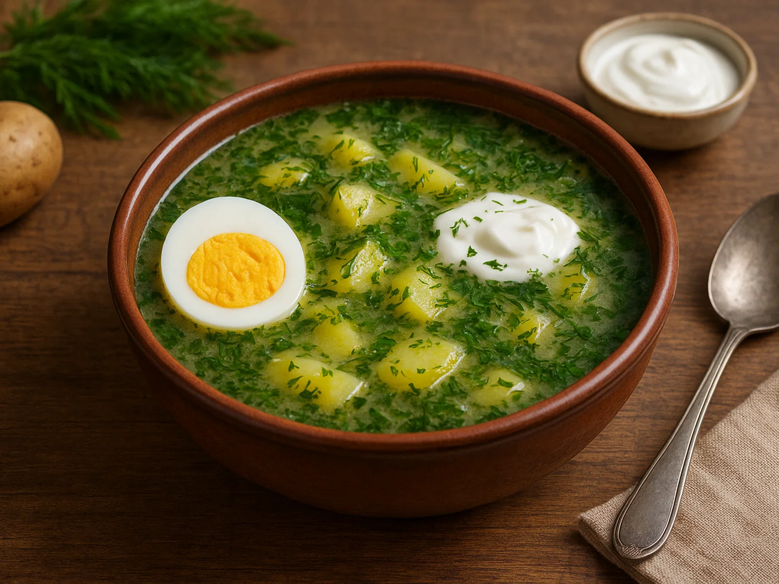 Polnische Kräutersuppe "Jaju" mit Kartoffeln und Ei