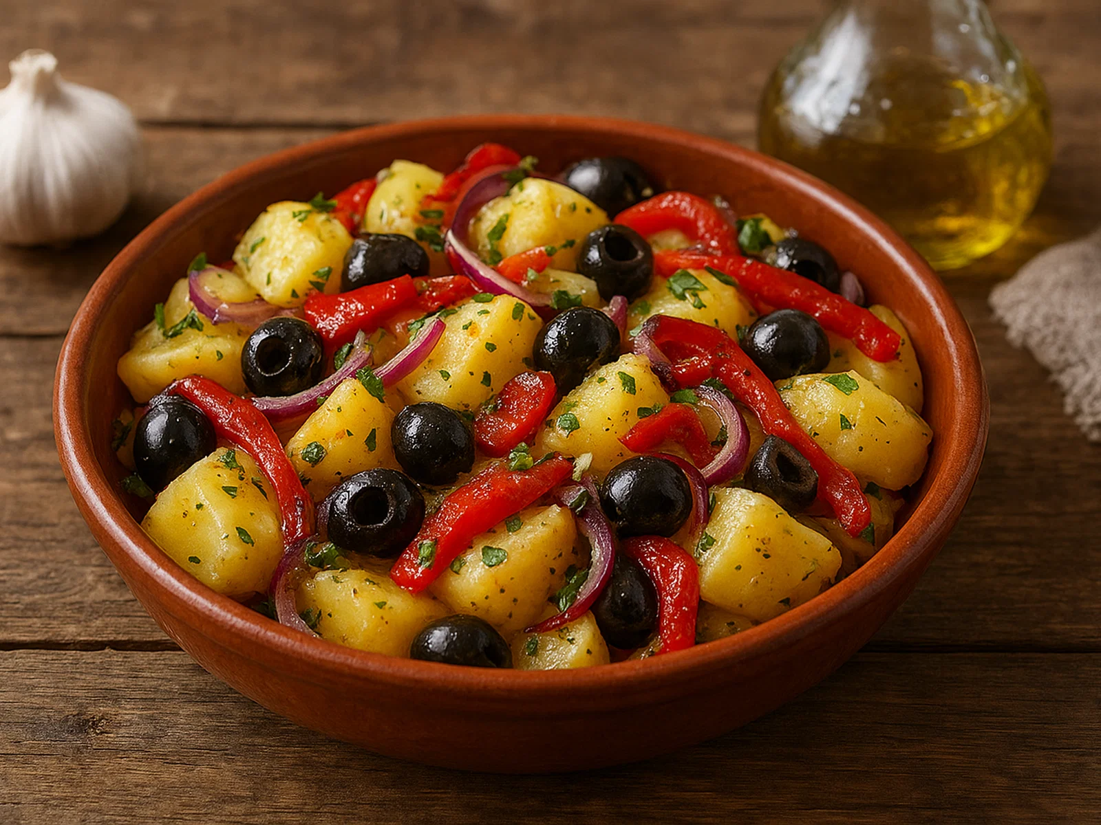 Spanischer Kartoffelsalat mit Oliven und Paprika