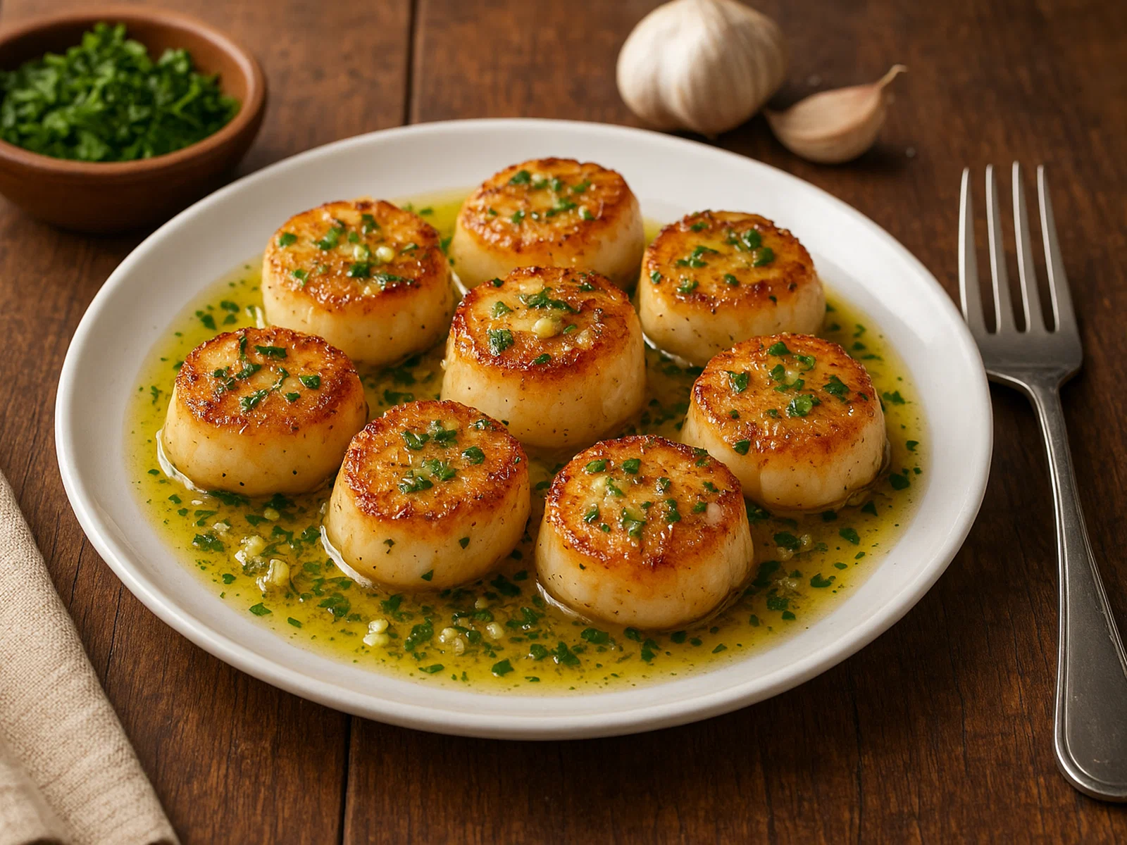 Gebratene Queenies (Jakobsmuscheln) in Knoblauch-Kräuter-Butter