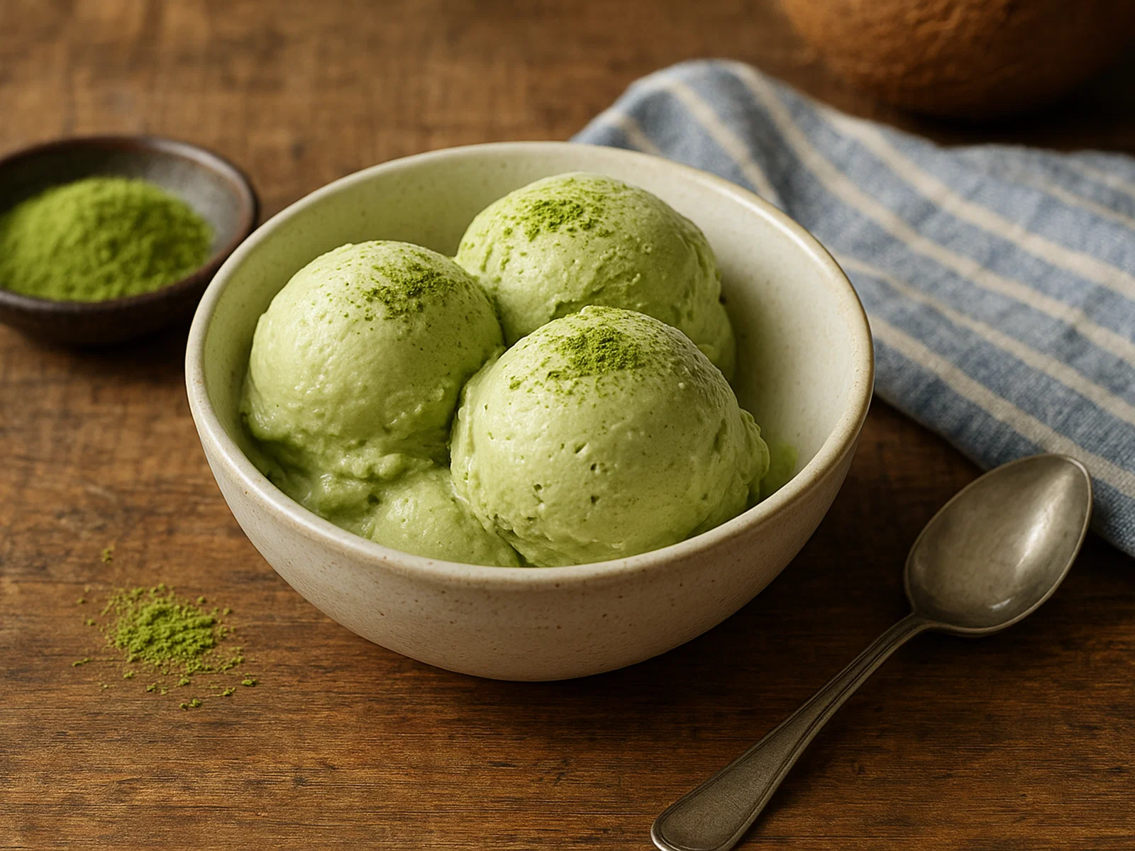 Cremiges Matcha-Kokos-Eis ohne Ei