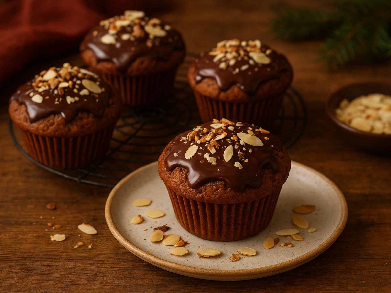 Weihnachtliche Lebkuchen-Muffins mit Schokolade und Mandeln