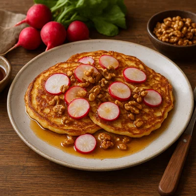 Radieschen-Pfannkuchen mit Ahornsirup und Walnüssen