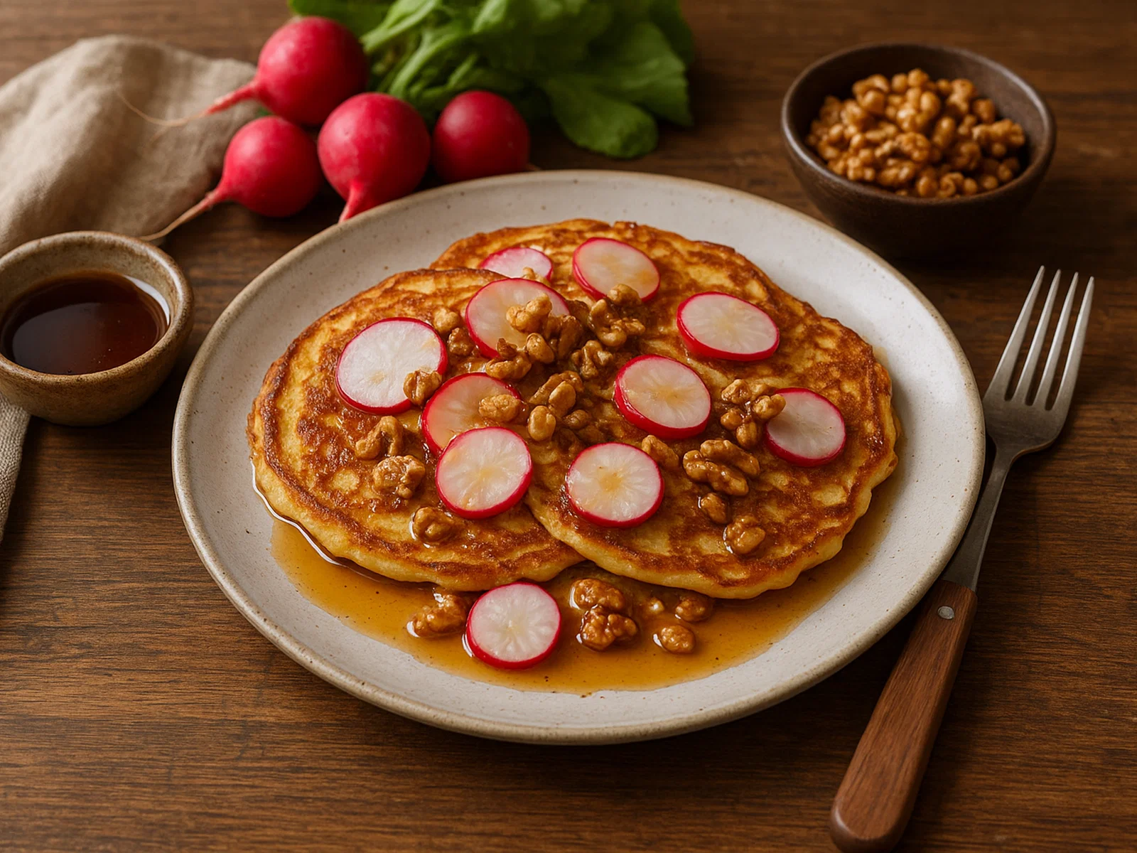 Radieschen-Pfannkuchen mit Ahornsirup und Walnüssen