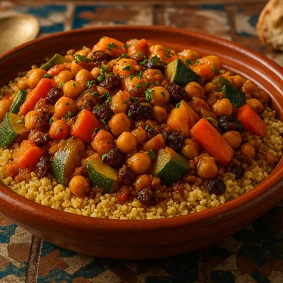 Marokkanischer Couscous-Topf mit Gemüse und Kichererbsen