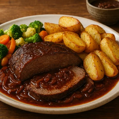 Saftiger Rinderbraten mit Ofenkartoffeln und Schmorgemüse