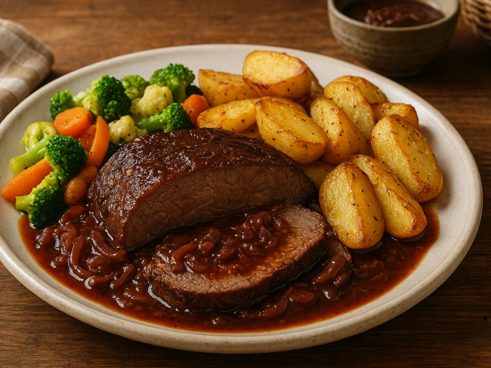 Saftiger Rinderbraten mit Ofenkartoffeln und Schmorgemüse