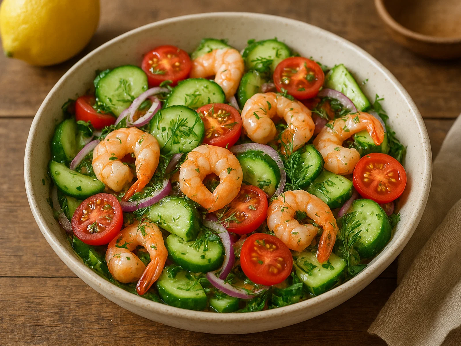 Küsten-Salat mit Garnelen, Gurke und Tomaten