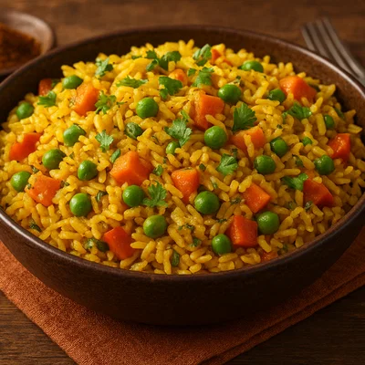 Indischer Curry-Reis mit Gemüse und Erbsen