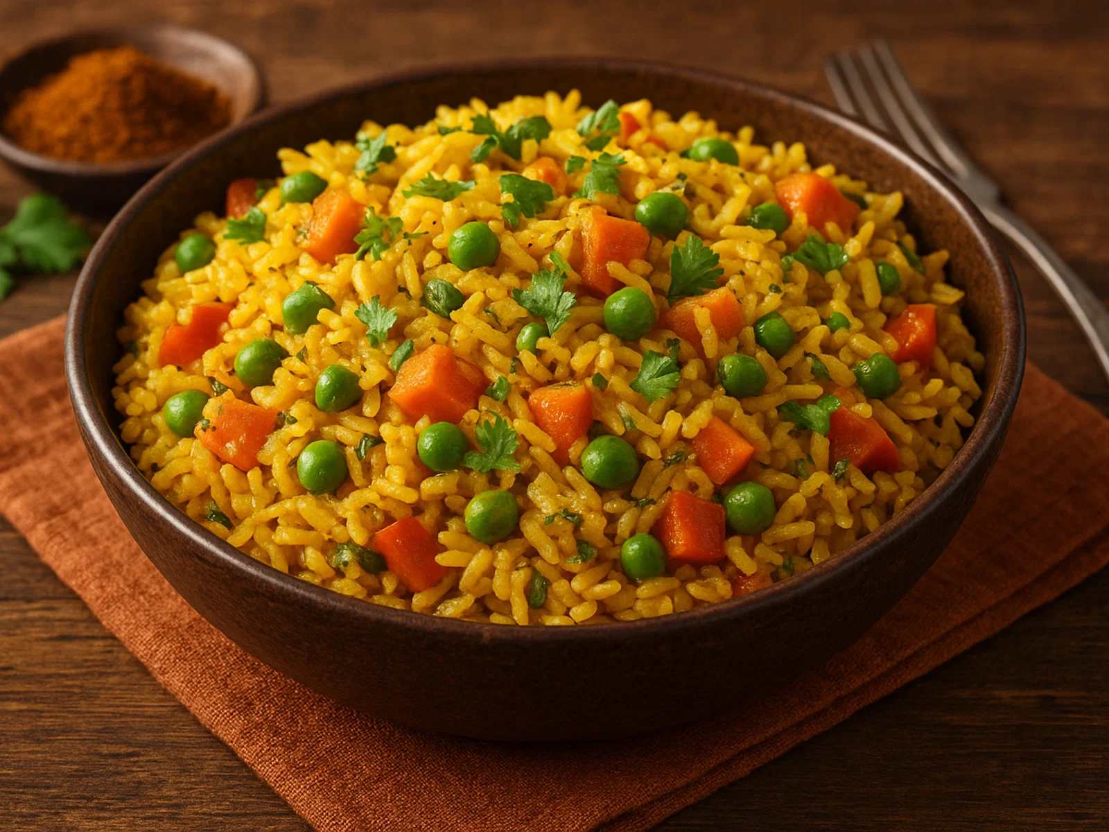 Indischer Curry-Reis mit Gemüse und Erbsen