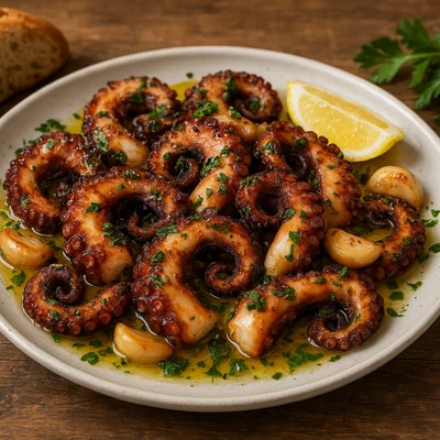 Gebratener Oktopus mit Knoblauch, Zitrone und Petersilie