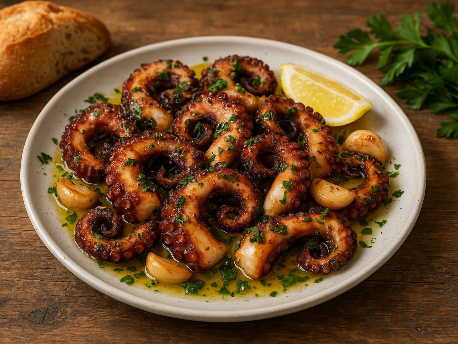 Gebratener Oktopus mit Knoblauch, Zitrone und Petersilie