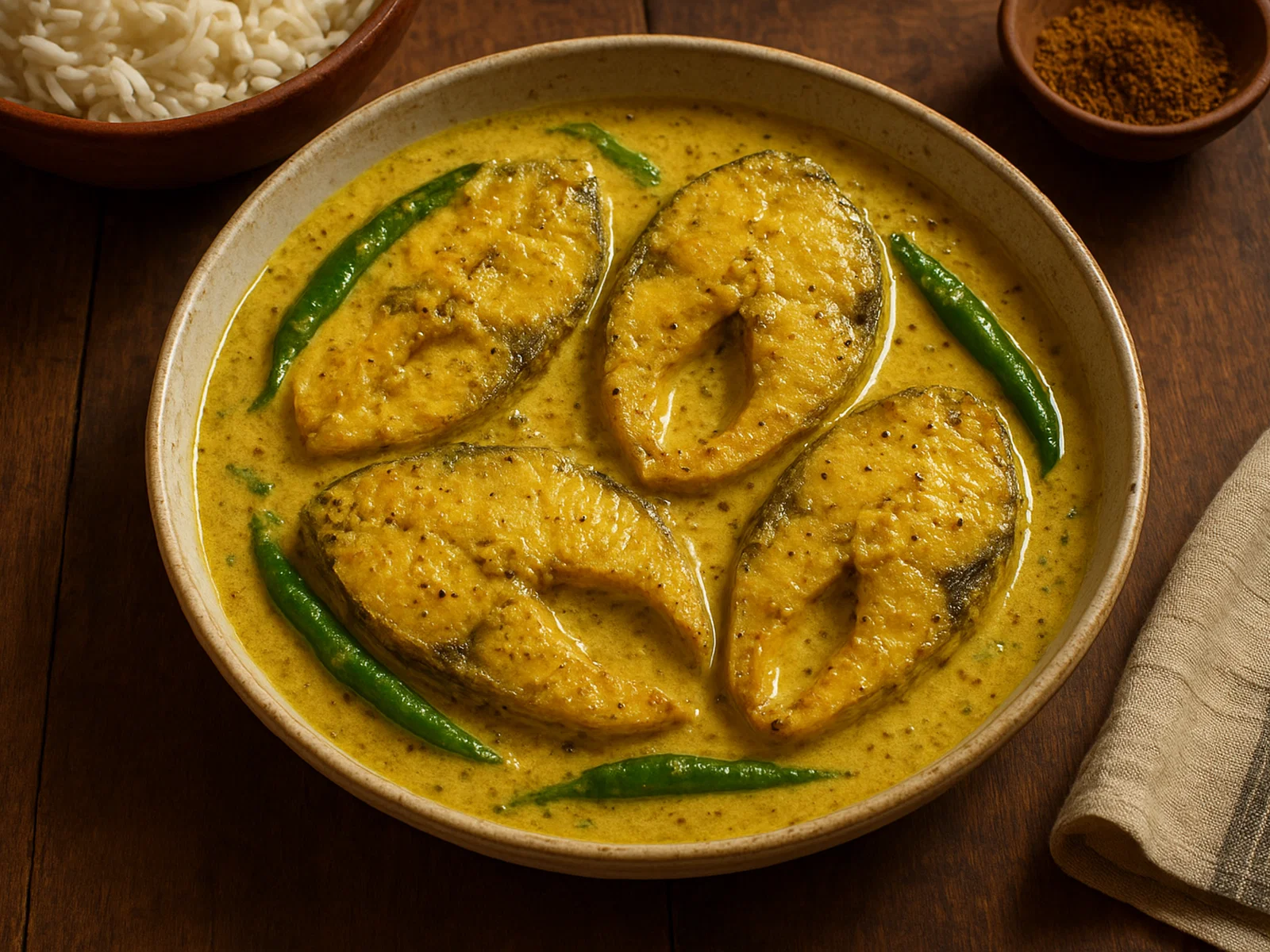 Hilsa Curry (Ilish Bhapa) – Gedämpfter Hilsa in Senf-Kokos-Sauce