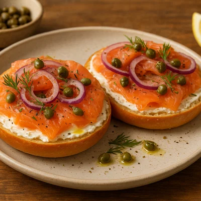 Räucherlachs-Bagels mit Frischkäse und roten Zwiebeln