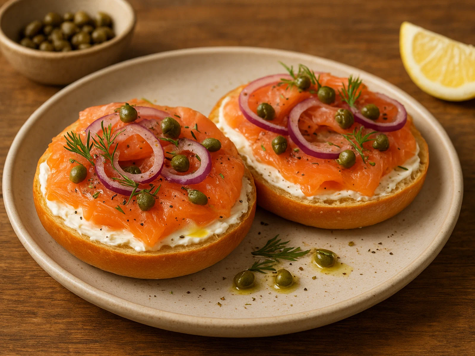 Räucherlachs-Bagels mit Frischkäse und roten Zwiebeln