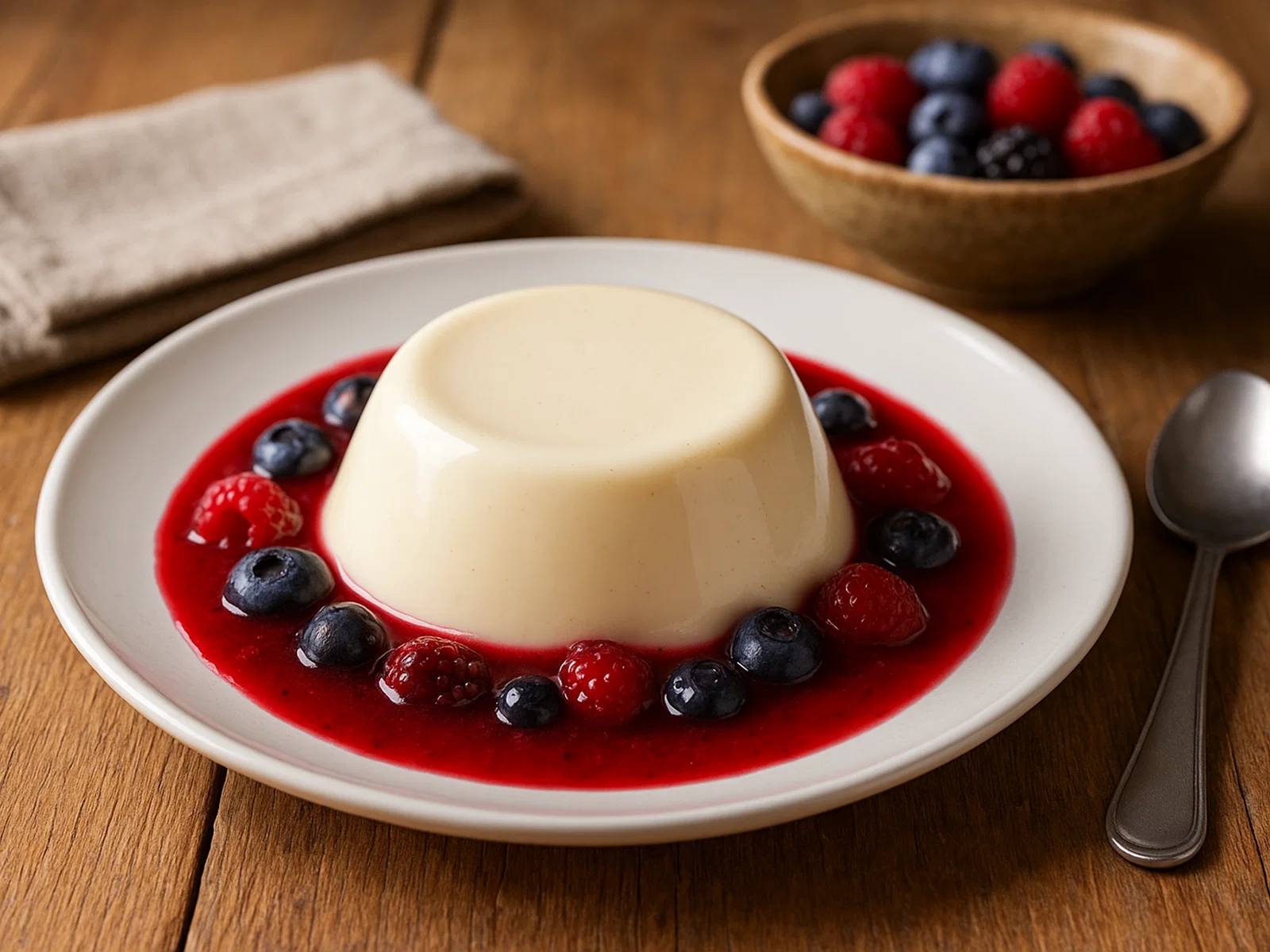 Klassische italienische Panna Cotta mit Beerensauce