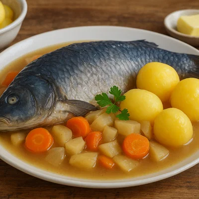 Traditioneller Karpfen Blau mit Wurzelgemüse und Salzkartoffeln