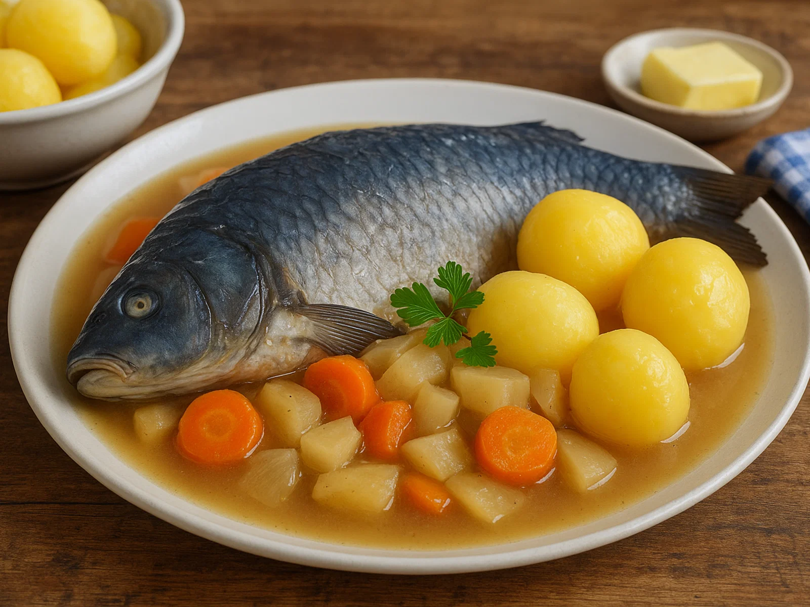 Traditioneller Karpfen Blau mit Wurzelgemüse und Salzkartoffeln
